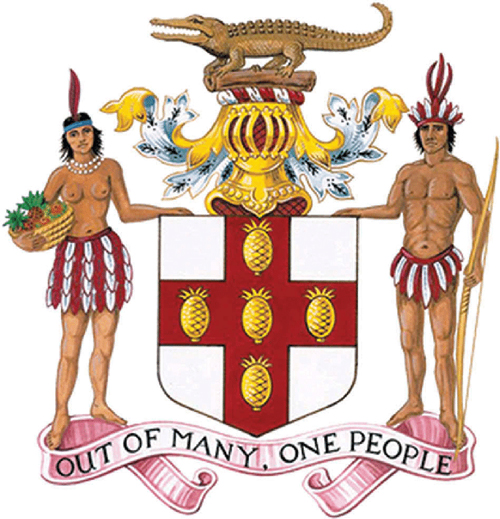 Jamaican Coat of Arms showing the indigenous Tainos with the national motto