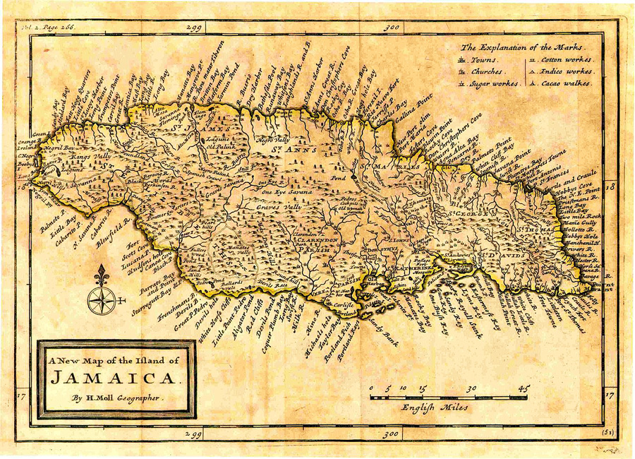 An old Jamaican map by geographer Herman Moll