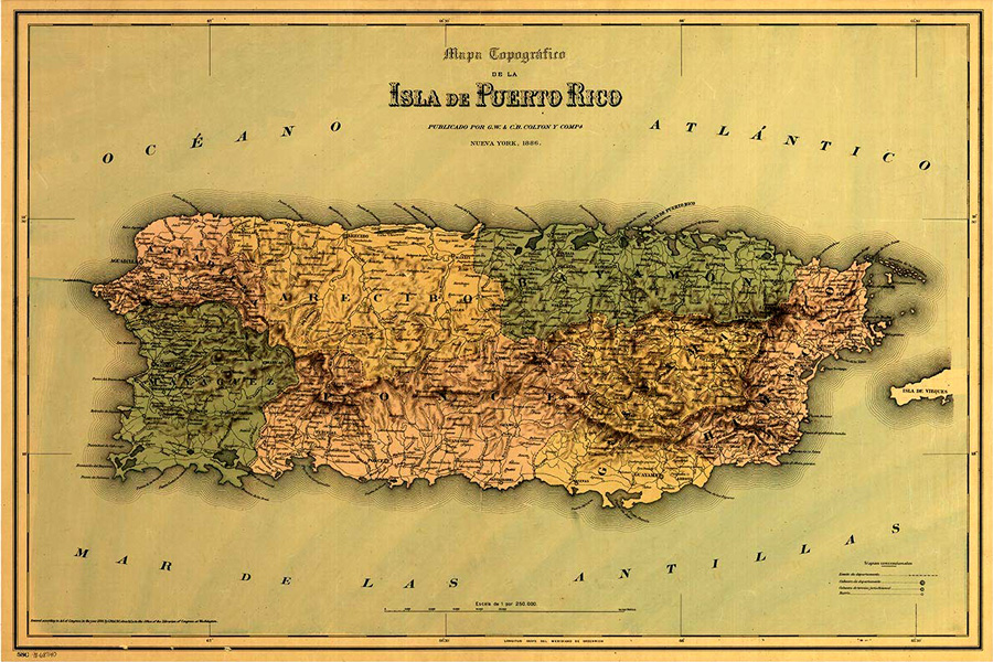 Topographical map of the island of Puerto Rico, published by C.W. and C.B. Colton and Company, New York 1886